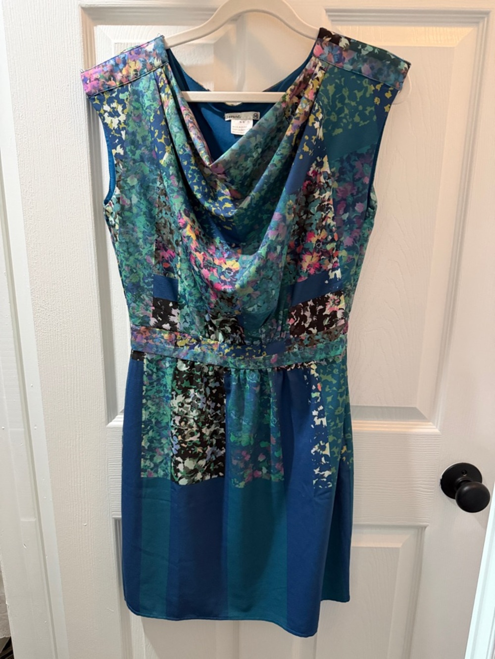 Anthropologie Teal Floral Cowl Neck Sleeveless Dress